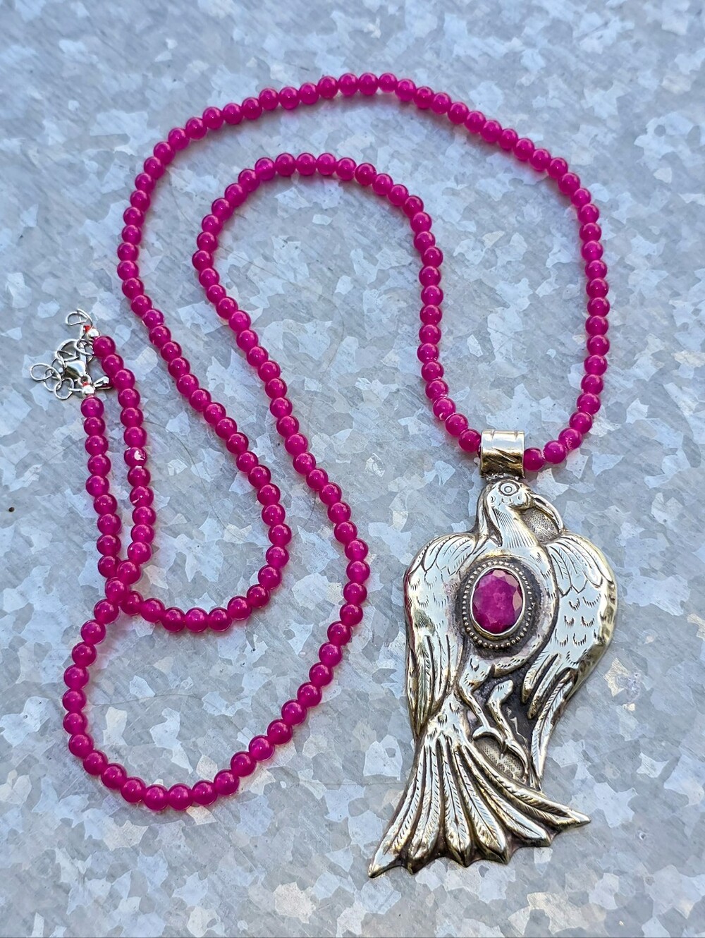 Tibetan Silver Bird Pendant W/ Red Ruby & Matching Fuscia Jade Necklace